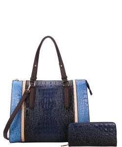 2in1 Alligator Croc Fashion Satchel Bag with Wallet CY-7187W BLUE